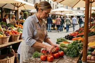 Maraîchère arrangeant des tomates anciennes et herbes fraîches sur un étal en bois dans un marché de producteurs locaux en plein air