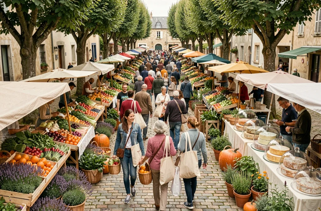 Vue d'ensemble animée d'un marché de producteurs locaux un samedi matin avec des acheteurs et des étals colorés de fruits et légumes