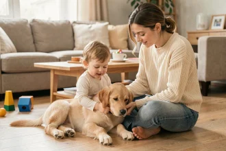 Une jeune mère et son tout-petit assis sur un parquet en chêne, caressant ensemble un chiot golden retriever dans un salon chaleureux et familial.