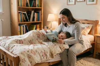 Mère lisant une histoire à sa fille au moment du coucher dans une chambre d'enfant cosy