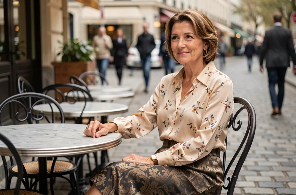 Femme en terrasse associant un chemisier en soie imprimé fleuri et une jupe midi en jacquard pour un style élégant et contemporain