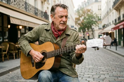 Musicien de rue français jouant de la guitare acoustique sur un trottoir parisien avec une feuille de paroles manuscrites, évoquant l'univers de la chanson Lola de Renaud