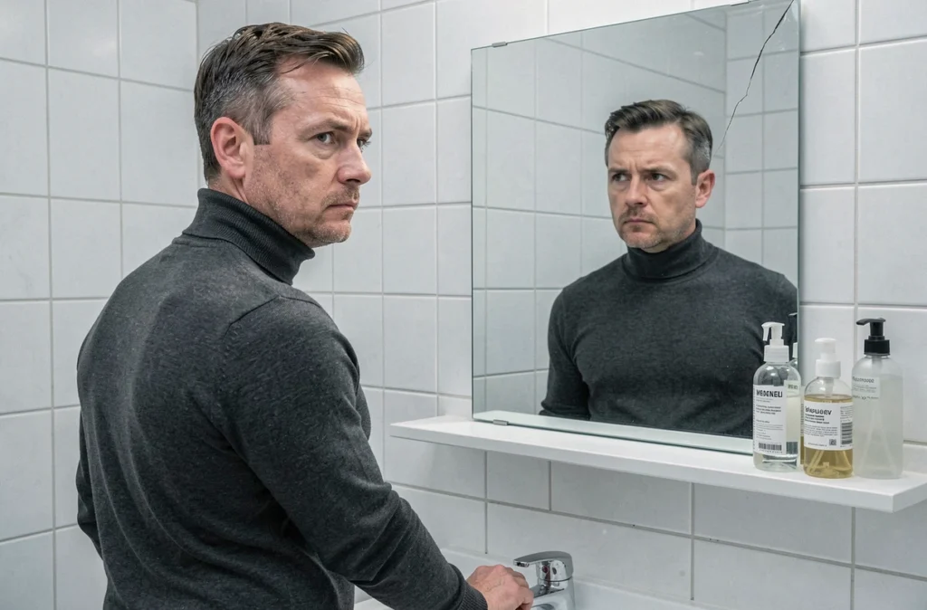 Homme se regardant dans un miroir avec une expression froide et détachée, symbolisant l'égocentrisme et la dissociation intérieure du pervers narcissique