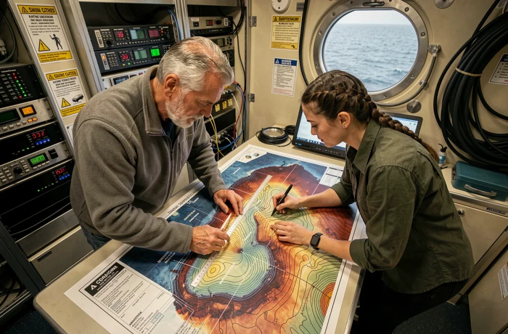 Océanographes étudiant une carte bathymétrique de la fosse des Mariannes à bord d'un navire de recherche
