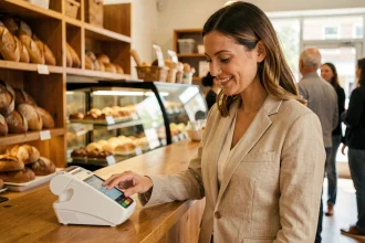 Femme payant sans contact avec son smartphone dans une boulangerie de quartier