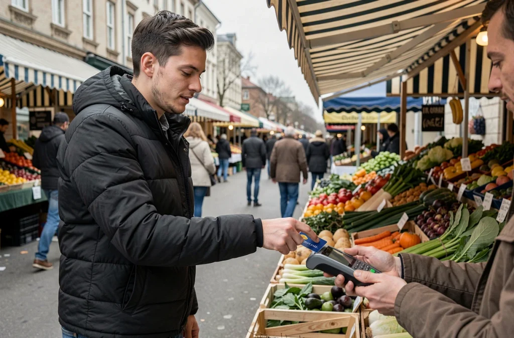 Jeune homme effectuant un paiement sans contact au marché de plein air avec sa carte bancaire