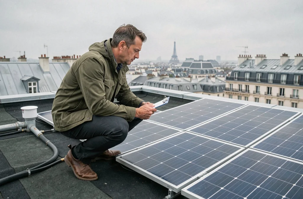 Technicien inspectant des panneaux solaires sur le toit d'un immeuble de bureaux parisien