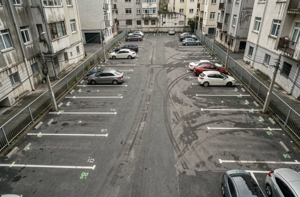 Vue aérienne d'un parking urbain intelligent avec capteurs au sol et indicateurs de places disponibles