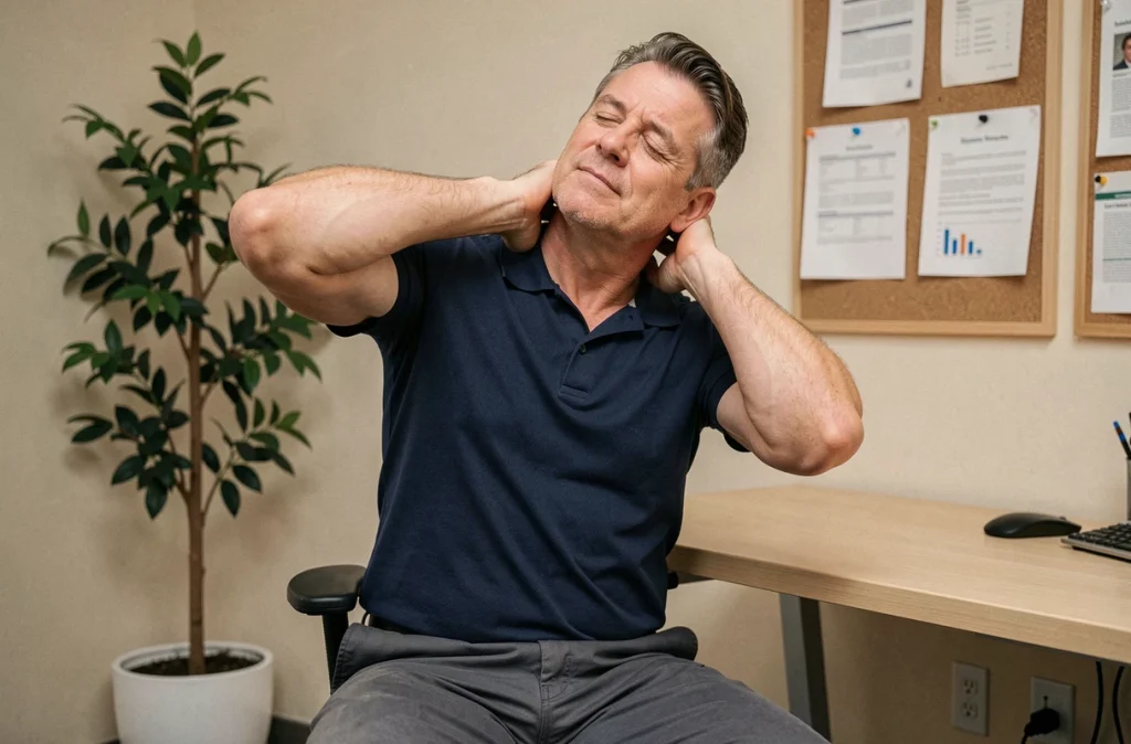 Homme effectuant une pause cervicale ergonomique dans un espace de travail pour prévenir les douleurs musculaires