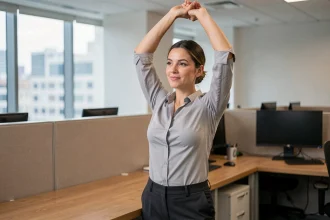 Femme cadre faisant une pause étirement au bureau pour prévenir les troubles musculosquelettiques