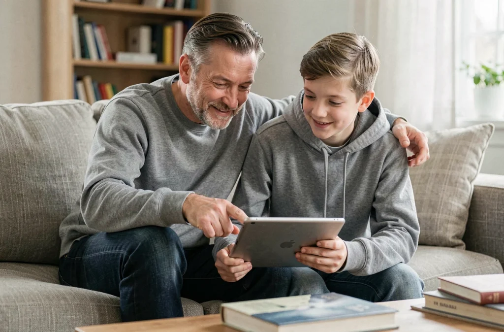 Père et adolescent regardant ensemble une tablette dans le salon, illustrant une utilisation encadrée et bienveillante des écrans