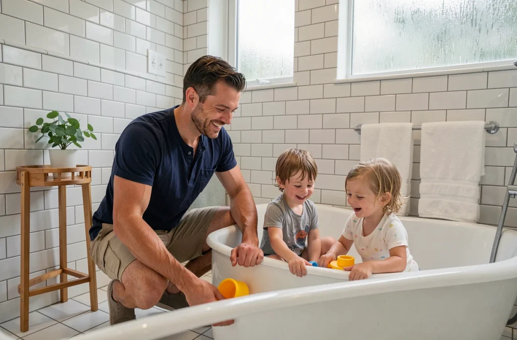 Père supervisant le bain du soir de deux enfants dans une salle de bain familiale