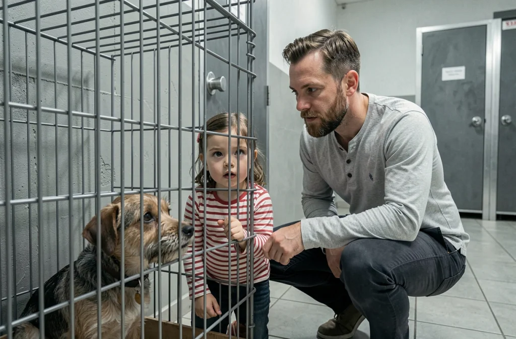 Un père et sa petite fille observent avec curiosité un petit chien dans un chenil d'un refuge pour animaux lors d'une visite d'adoption.