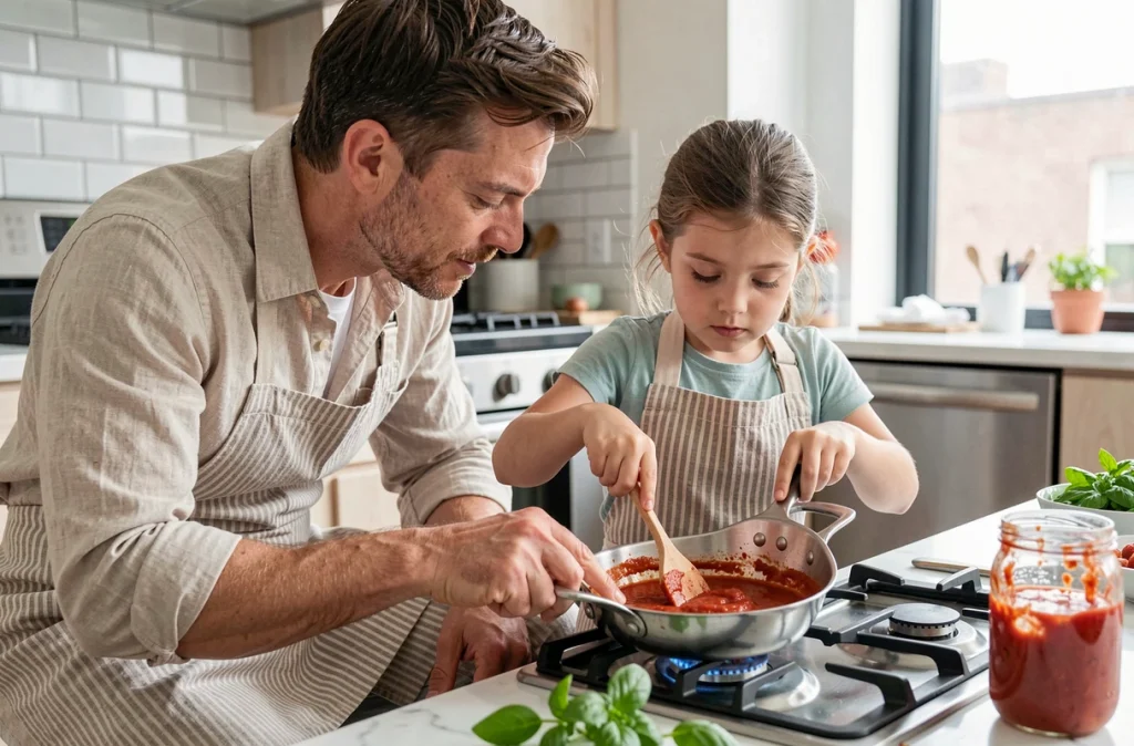 Père et jeune fille cuisinant une sauce tomate maison ensemble devant une cuisinière à gaz dans un appartement moderne