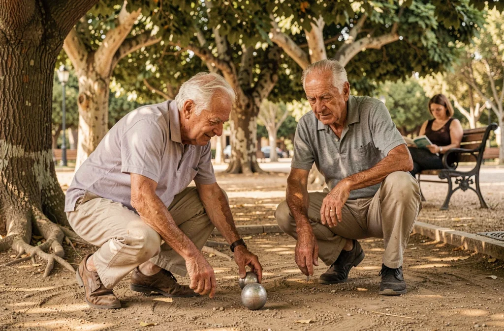 Deux hommes âgés jouant à la pétanque à l'ombre des platanes dans un parc de Montpellier en pleine canicule