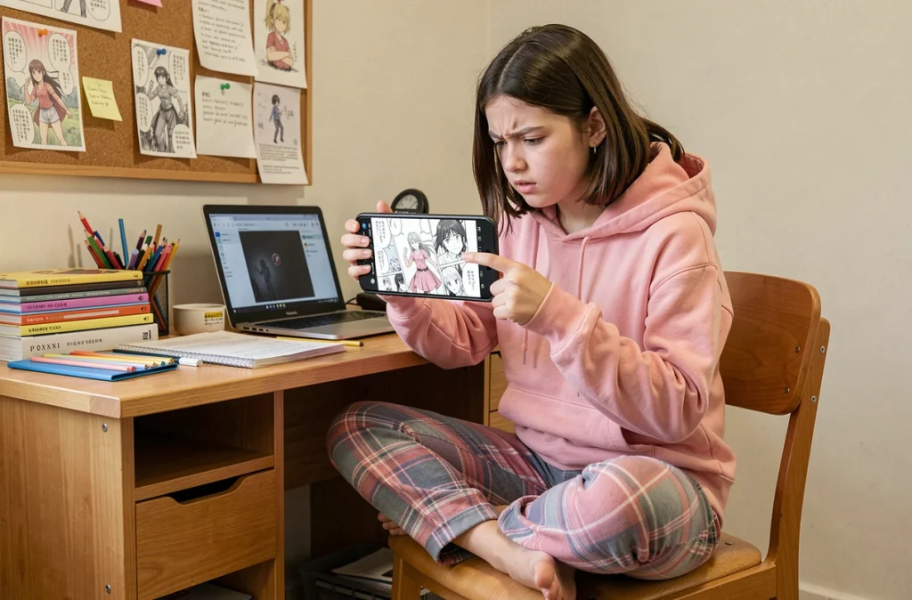Adolescente lisant Phoenix en scan sur smartphone en mode paysage dans sa chambre, limites de lecture manga mobile