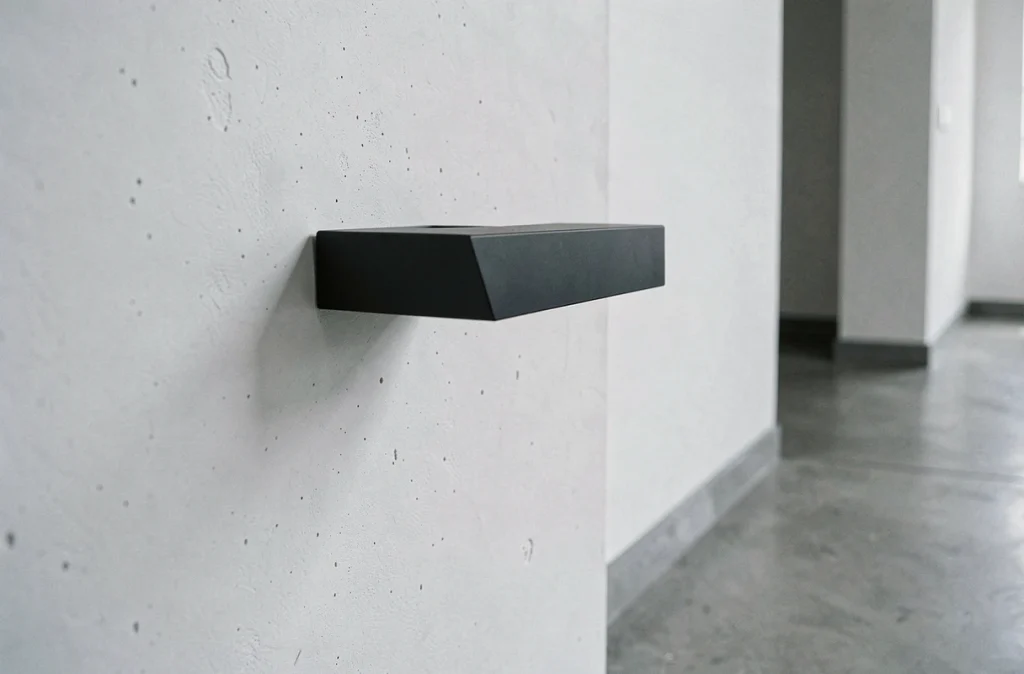 Poignée de porte design géométrique noir mat sur mur en béton blanc d'entrée minimaliste