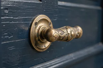 Poignée de porte ancienne en laiton patiné avec gravures florales sur porte bleue marine