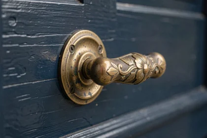 Poignée de porte ancienne en laiton patiné avec gravures florales sur porte bleue marine