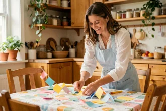 Femme préparant des décorations colorées pour un anniversaire d'enfant à la maison sur une table familiale festive