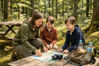 Mère et enfants préparant une randonnée en forêt autour d'une carte et d'un sac à dos, vêtements de randonnée décontractés, ambiance nature familiale