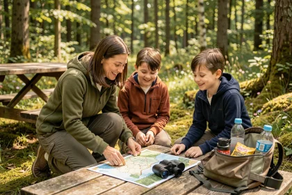 Mère et enfants préparant une randonnée en forêt autour d'une carte et d'un sac à dos, vêtements de randonnée décontractés, ambiance nature familiale