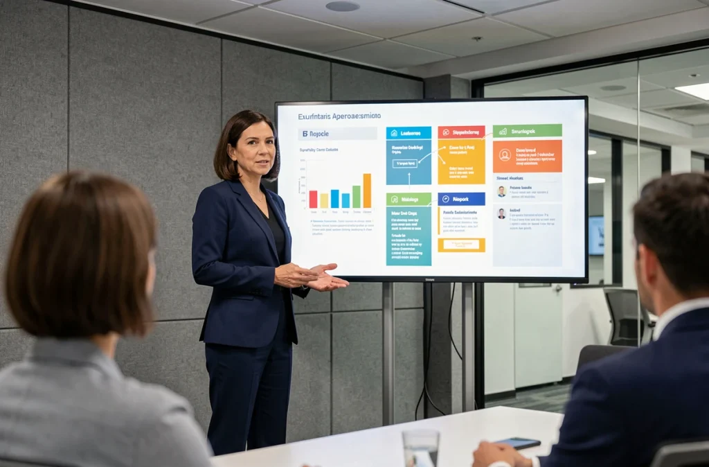 Femme cadre présentant une stratégie de communication interne devant un écran numérique à des collègues attentifs en salle de réunion d'entreprise
