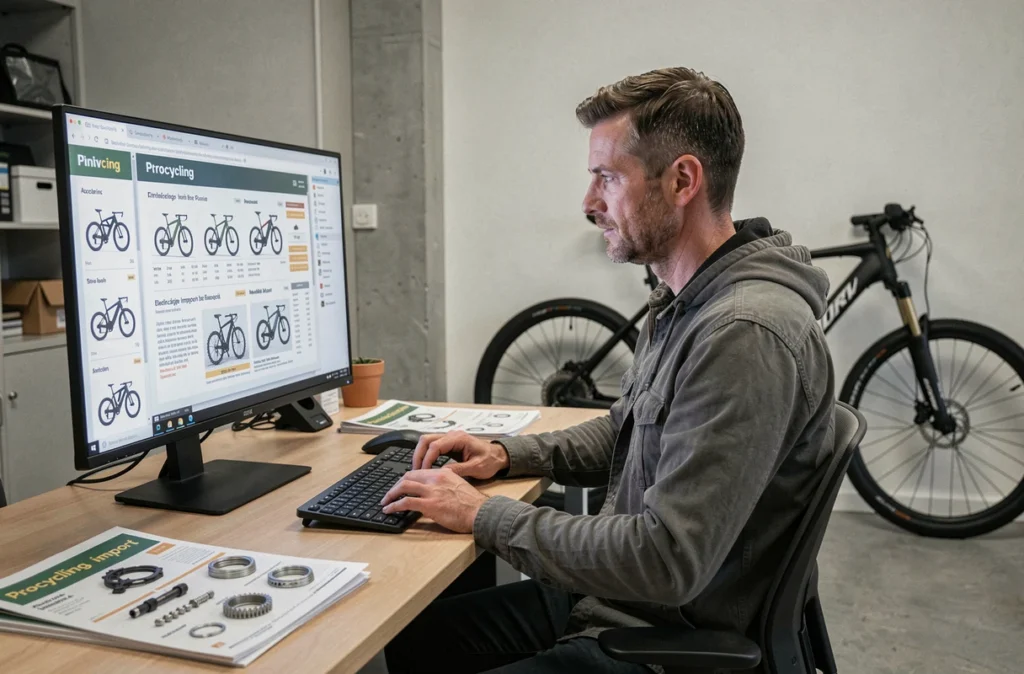 Entrepreneur de Procycling-import consultant des spécifications de vélos électriques dans son bureau-entrepôt