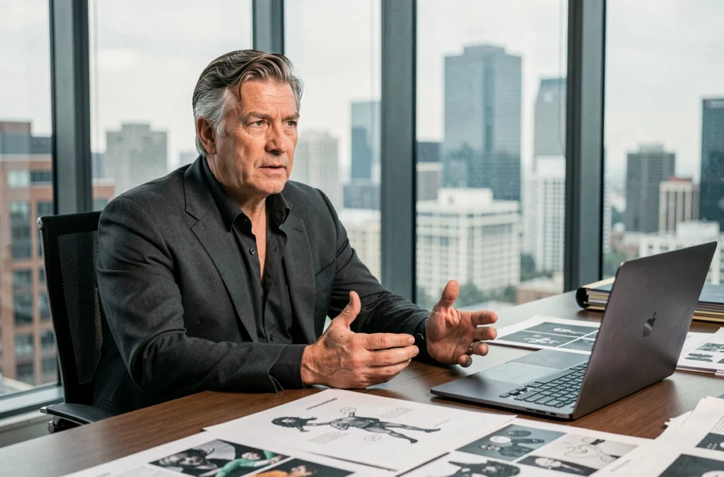 Producteur de cinéma expérimenté en réunion créative dans un bureau de production moderne, symbolisant les décisions stratégiques derrière les blockbusters de nouvelle génération