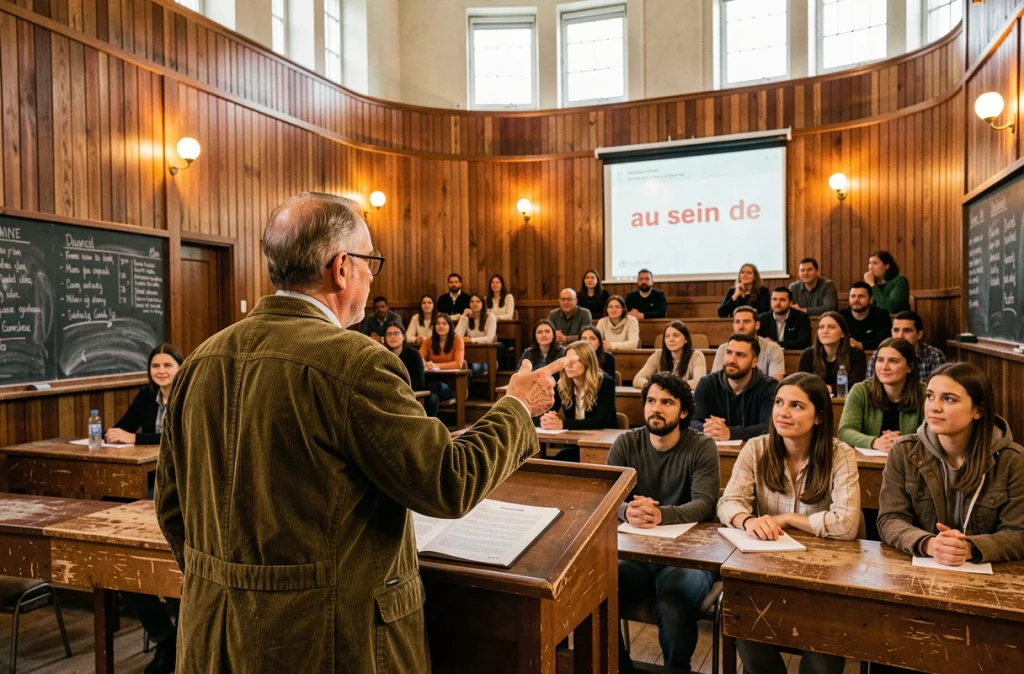 Professeur d'université illustrant l'usage ambigu de l'expression 'au sein de' en amphi