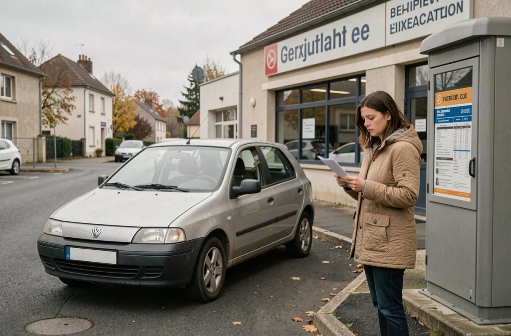 Femme consultant les résultats de son contrôle technique devant un centre de contrôle automobile en France