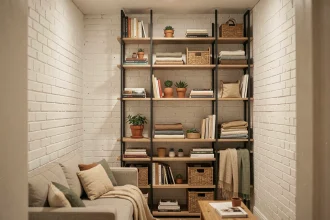 Étagères modulaires du sol au plafond optimisant l'espace vertical dans un petit appartement studio urbain
