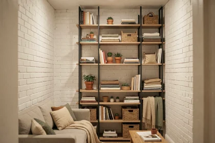 Étagères modulaires du sol au plafond optimisant l'espace vertical dans un petit appartement studio urbain