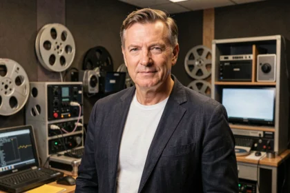 Réalisateur de blockbusters dans une cabine de projection cinématographique moderne, incarnant une nouvelle ère du cinéma grand public