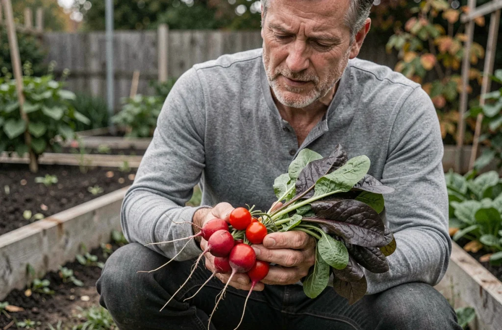 Homme accroupi dans un potager tenant des radis, tomates cerises et épinards fraîchement récoltés