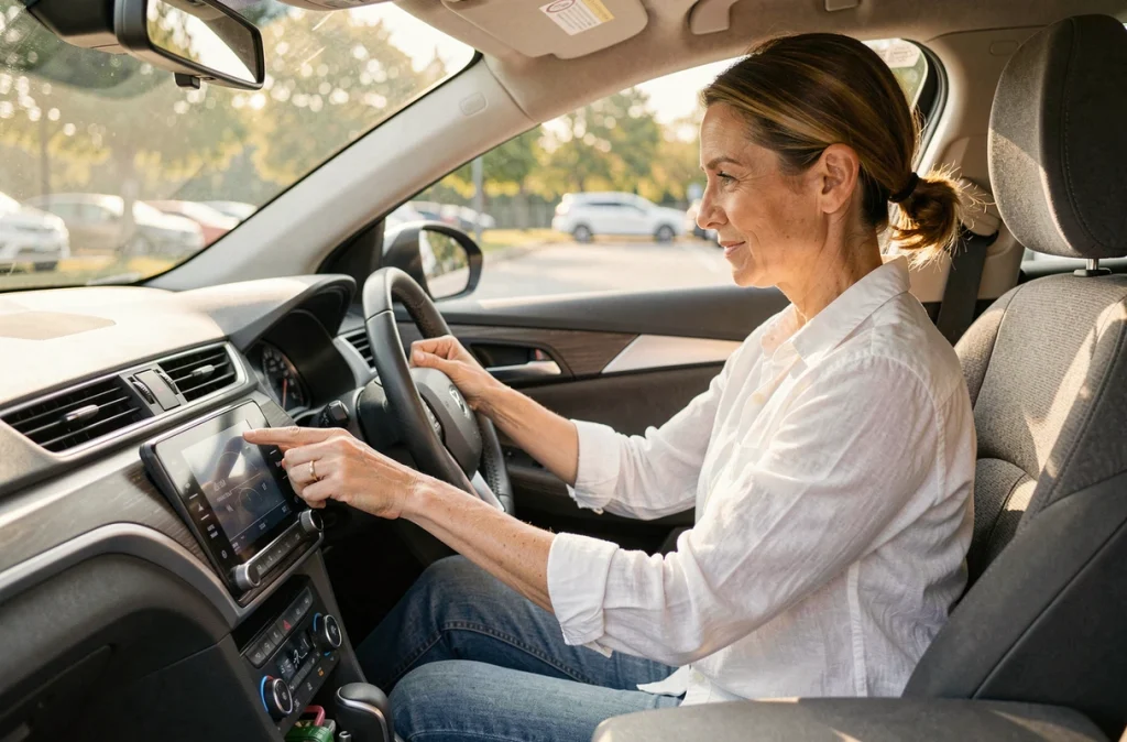 Femme réglant la climatisation sur l'écran de bord de sa voiture dans un parking