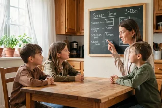 Mère expliquant les règles du temps d'écran à ses enfants devant un planning familial dans une cuisine chaleureuse