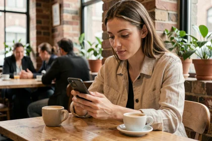 Femme utilisant son smartphone discrètement dans un café pour des rencontres anonymes en ligne