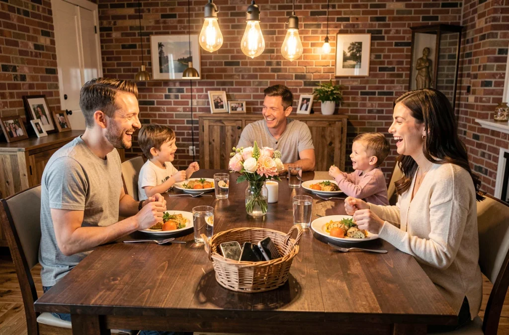 Famille réunie autour d'un repas sans écrans, les téléphones rangés dans un panier symbolisant la déconnexion numérique à la maison