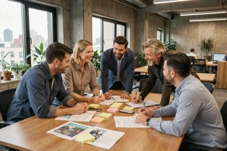 Équipe diverse en réunion participative autour d'une table de conférence dans un bureau moderne, illustrant le management collaboratif