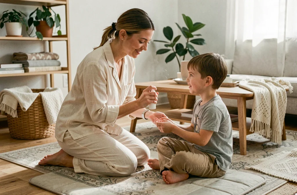 Mère préparant son enfant pour la nuit avec un soin apaisant dans un salon chaleureux