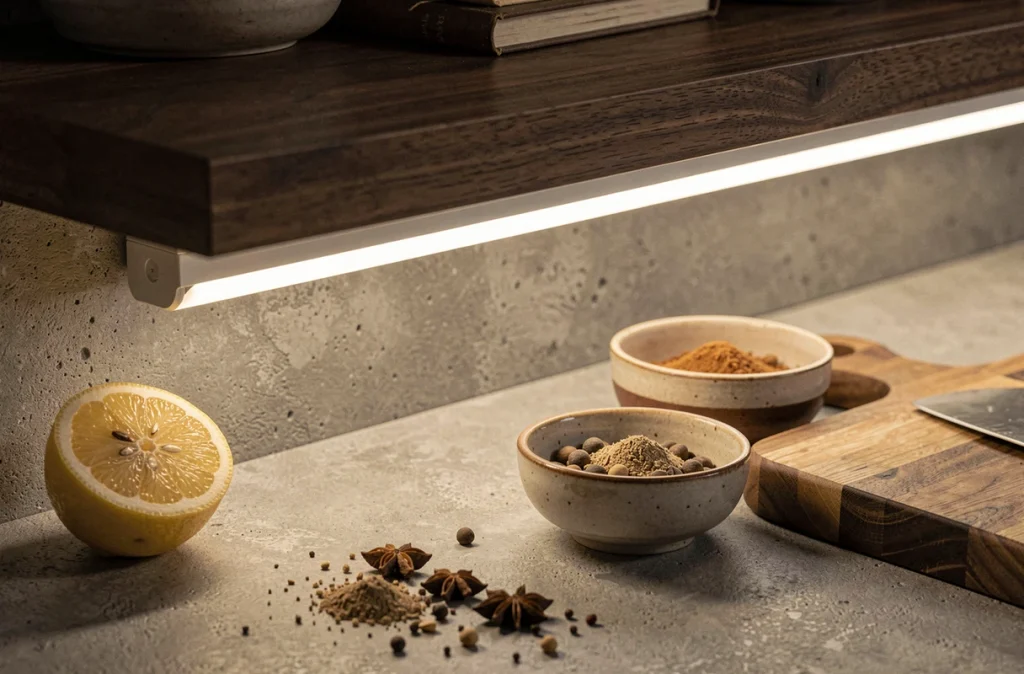 Ruban LED sous-meuble éclairant un plan de travail en béton avec ingrédients de cuisine dans une ambiance chaleureuse