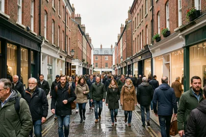 Rue animée du centre-ville de Dublin avec une foule dense de piétons devant des façades georgiennes en brique rouge
