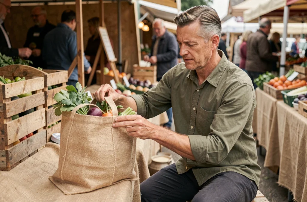 Homme utilisant un sac cabas en jute naturel au marché fermier local