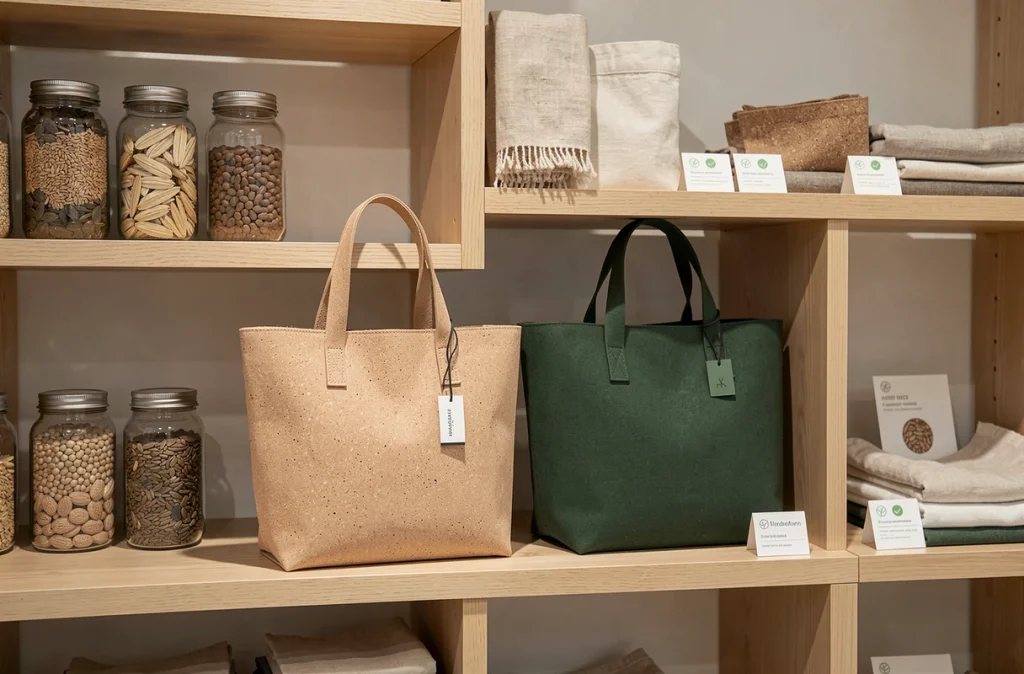 Sacs cabas en liège et Tencel exposés dans un concept store éco-responsable épuré
