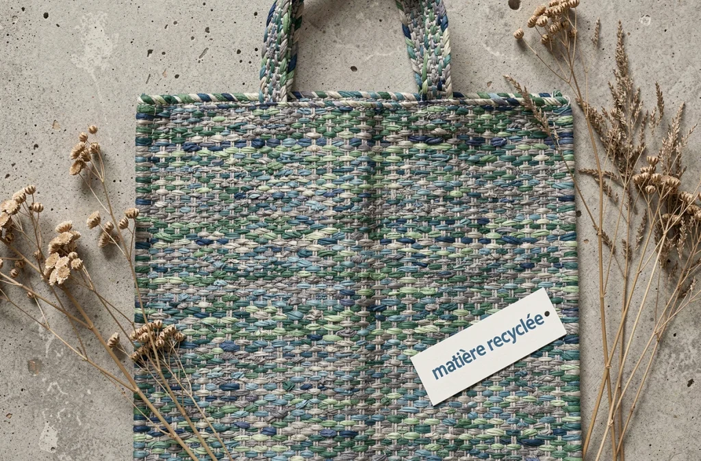 Gros plan d'un sac cabas en plastique recyclé posé sur béton brut avec botaniques séchées