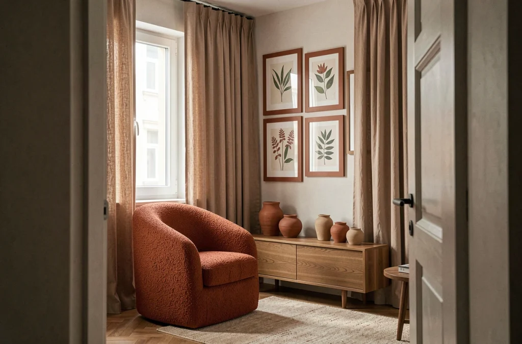 Vue d'ensemble d'un salon élégant vu depuis un couloir avec rideaux lin terracotta, fauteuil bouclé rouille et vases en céramique sur buffet en chêne fumé
