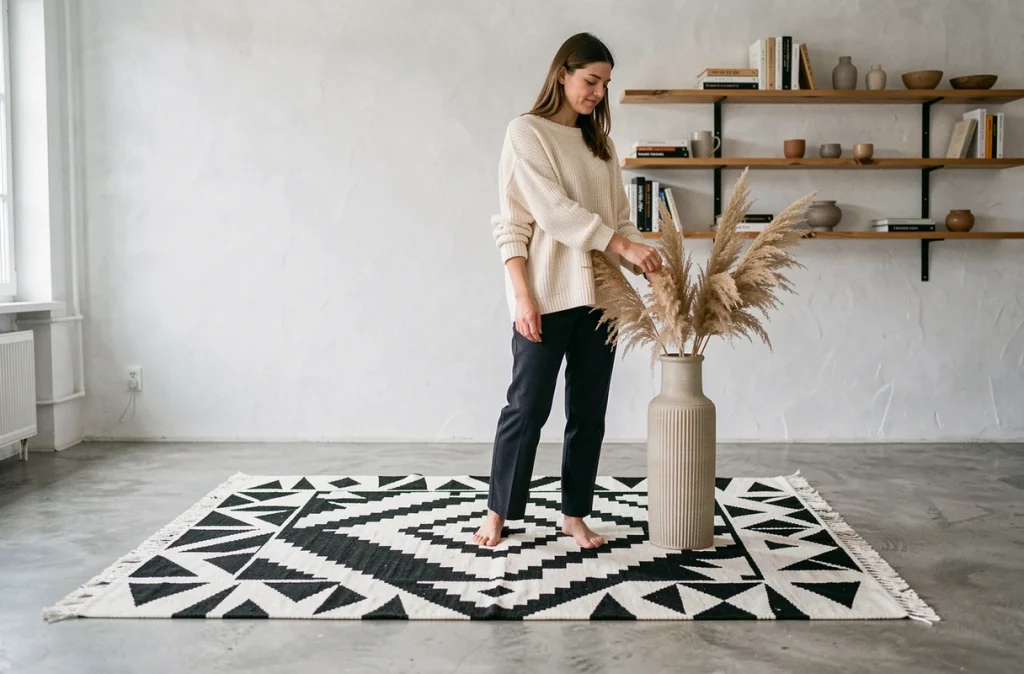 Femme dans un salon scandinave debout sur un tapis géométrique noir et blanc avec motifs en zigzag