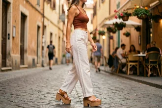 Femme portant des sandales à plateforme en liège sur un pavé de rue ensoleillée en ville l'été