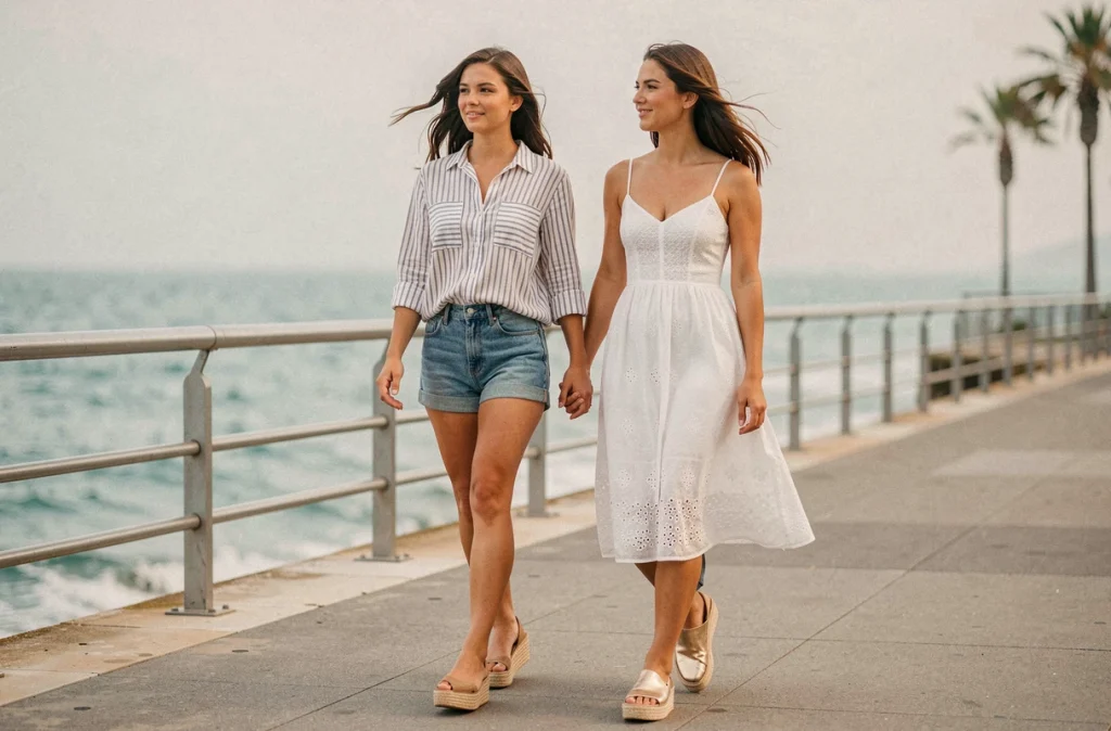 Deux femmes se promenant en bord de mer portant des sandales à plateforme dorées et en jute l'été